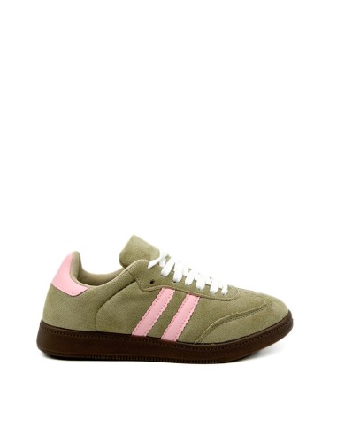 ZAPATILLA RETRO DE MUJER CON CORDONES TEOVEL BASIC L-112 VERDE CAQUI/ROSA